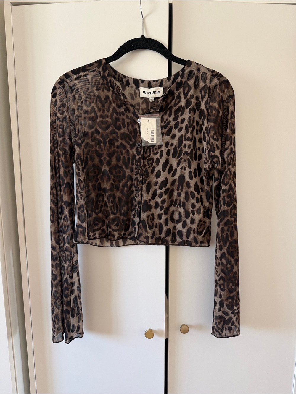 NWT W. STUDIO / Leopard Print Mesh Long-Sleeve Crop Cardigan